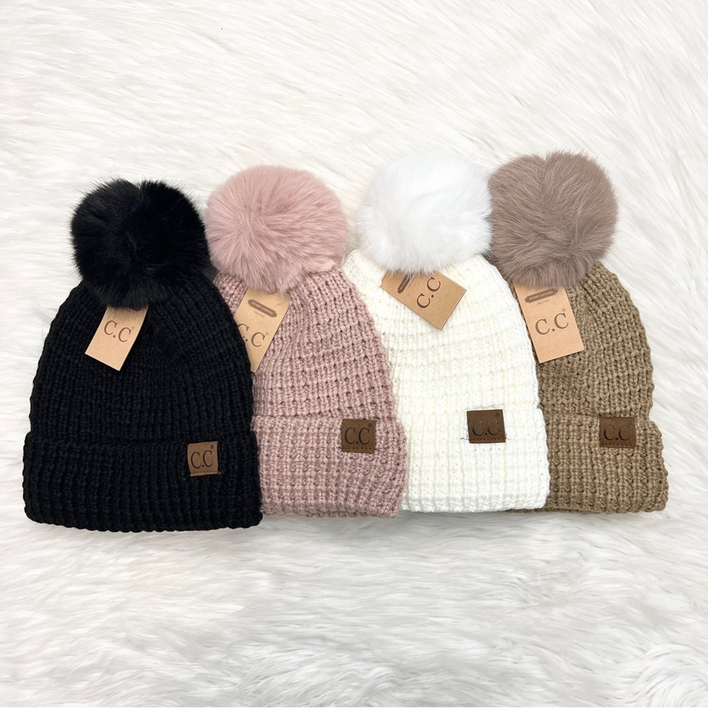 C.C Waffle Stitch Lined Cuff Pom Beanie Adults, CC Winter Hat, CC Winter Beanie